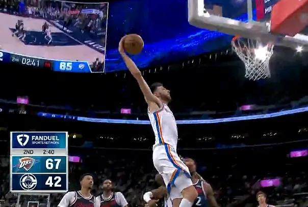 开云体育下载-狂轰乱炸!霍姆格伦单臂滑翔劈扣,雷霆轰12-0领先快船25分